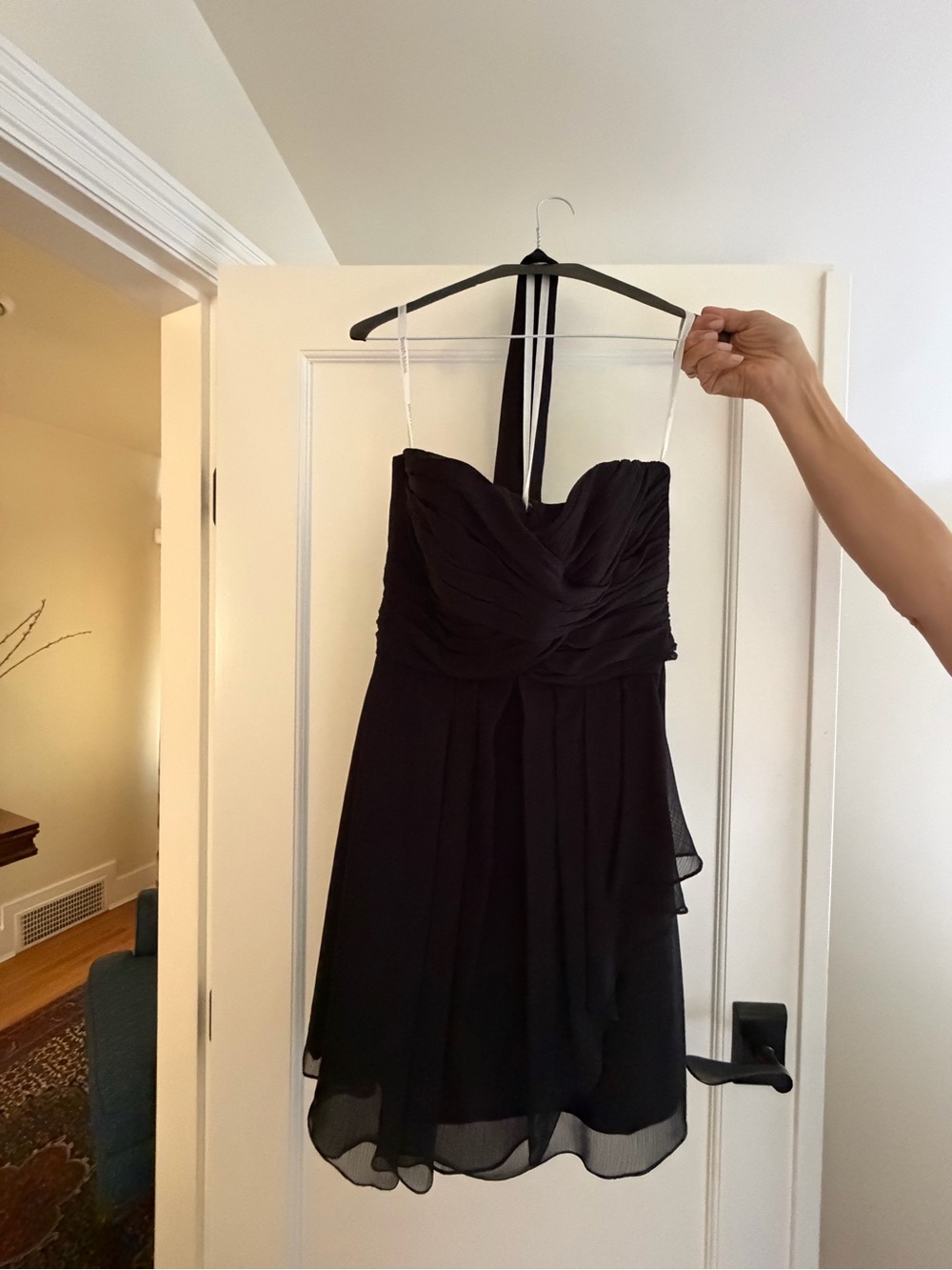 David's Bridal Black Strapless Chiffon Mini Dress